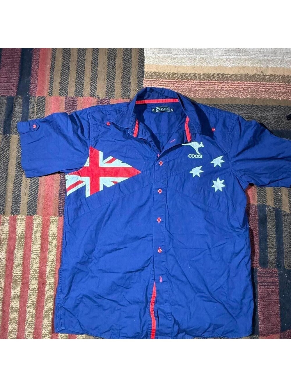 Coogi blue button up shirt with kangaroo and flag design